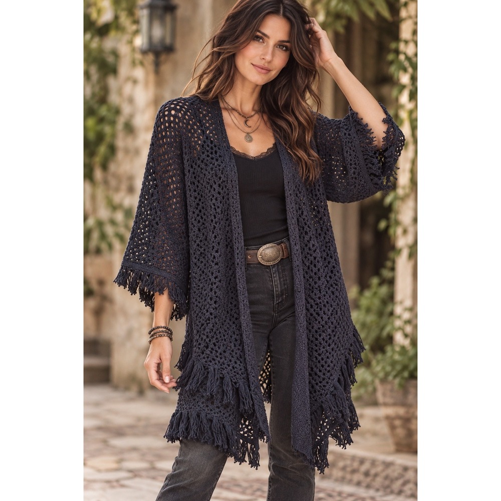 American Eagle Cardigan Dark Boho Crochet Fringe M Black Open Knit Kimono Wrap